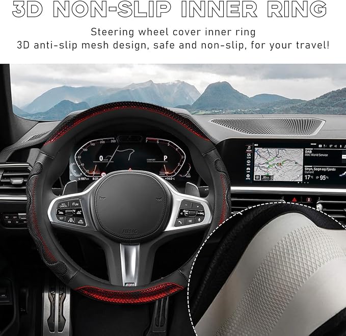 Yourkar Car Steering Wheel Cover, 15 Inch Leather Round Comfy Grip Steering Wheel Protector, Anti-Slip Steering Wheel Cover w