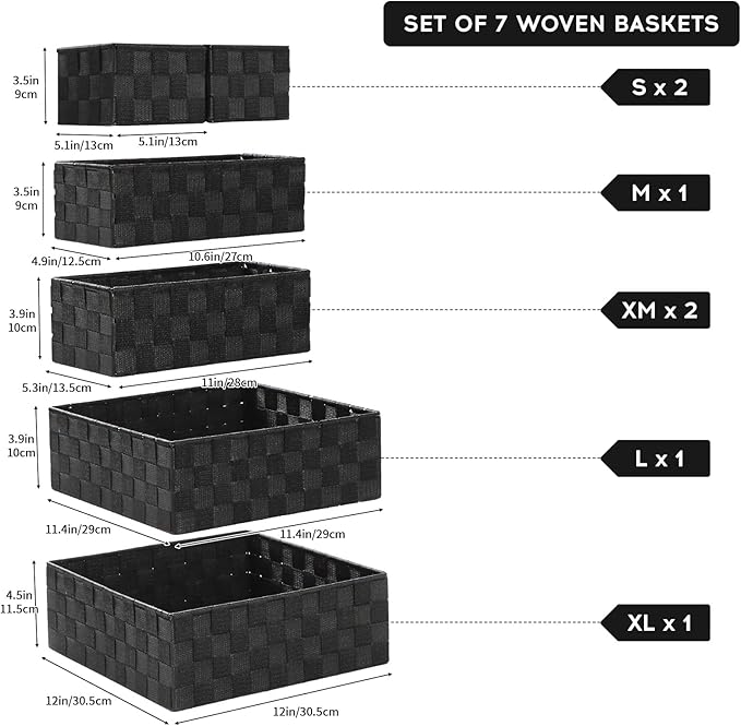 Posprica Small Baskets for Organizing(7 Set) Woven Storage for Shelves, Bathroom, Decorative Closet Organizer, Dresser Bins, 