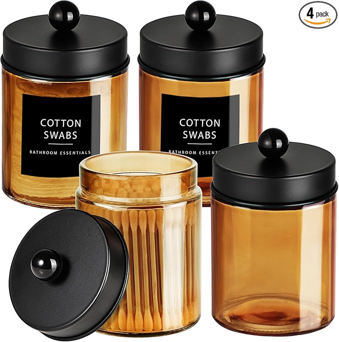 Amolliar Bronze Glass Apothecary Jar, Qtip Holder Metal Lid & Stickers, Bathroom Qtip Dispenser Storage Canister, Perfect for
