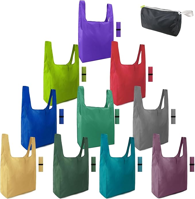 BeeGreen Colorful Reusable Grocery Bags Bulk Gifts 10-Pack - Large Tote with Zipper Pouch | Foldable & Washable Polyester Shopping Bags Heavy Duty Flower Lover Gifts Reusable Bag With Handles