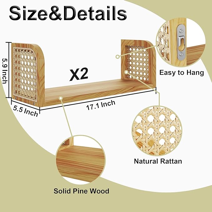 Rattan Shelf Set of 2, Cute Nursery Shelves Wall Mounted, Natural Hanging Bookshelf Storage, Boho Decorative Floating Shelves