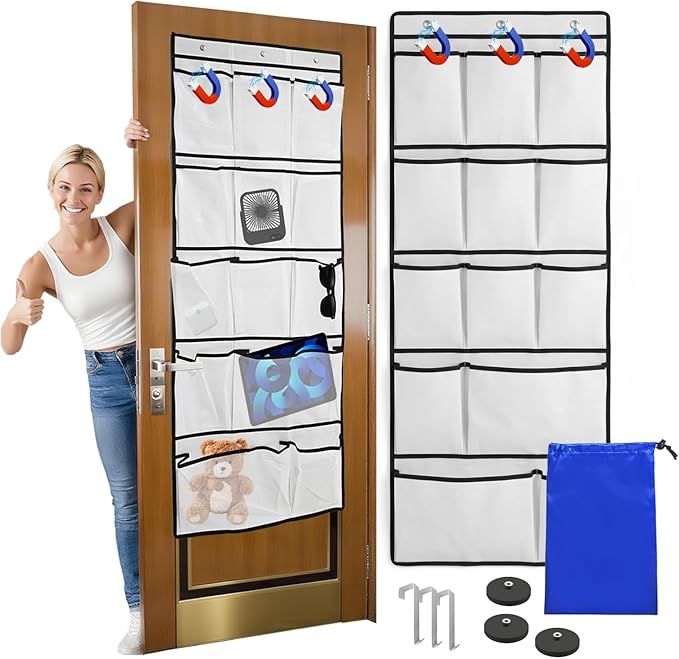 Magnetic Cruise Door Organizer – 13-Pocket Hanging Storage with 2 Large Shoe Pockets, No Hook Needed, Includes 3 Bonus Hooks,