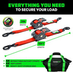 Rhino USA Retractable Ratchet Straps (4-Pack) - 2 Inch x 10 Feet (3,033lb Break Strength) - Heavy Duty Auto Self Retracting Tie Down Straps for Truck, Cargo Trailer, Motorcycle, Rad & More - Red
