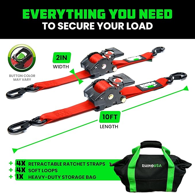 Rhino USA Retractable Ratchet Straps (4-Pack) - 2 Inch x 10 Feet (3,033lb Break Strength) - Heavy Duty Auto Self Retracting Tie Down Straps for Truck, Cargo Trailer, Motorcycle, Rad & More - Red