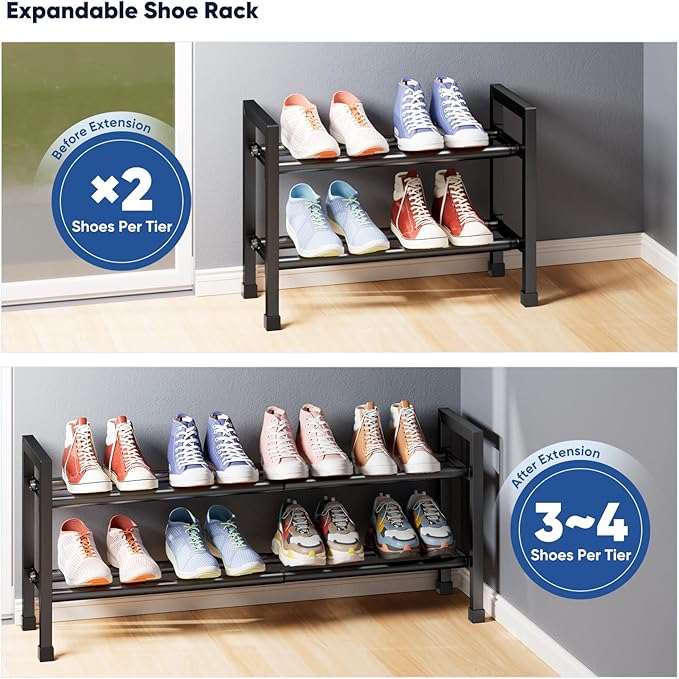 Abiglifty 2-Tier Expandable Shoe Rack,17"-33" Adjustable Shoe Rack for Closet,Metal Shoes Shelves for Front Door Entrance, Ga