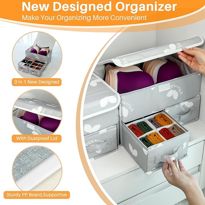 EASEVE Sock Underwear Drawer Divider - Closet Organizers and Dresser Organizer Wardrobe Clothes Box Storage Bins with Lid for
