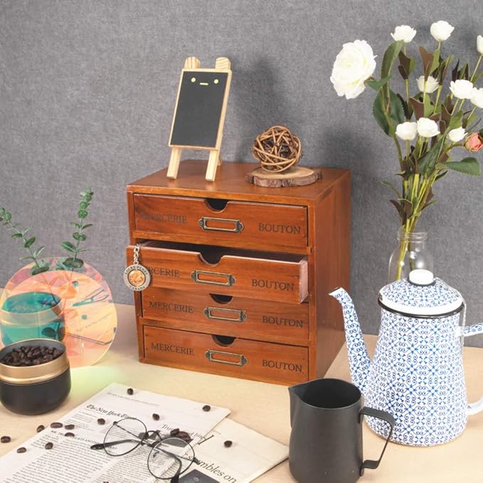 Wooden Storage Box with 4 Drawers Vintage Office Supplies and Accessories Letter Tray Wood Desktop School Supply Organizer Li
