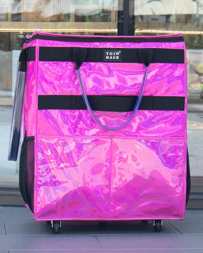 Reusable Grocery Bag with Wheels (Large, Glitter Pink), Shopping Trolley with 8 Pockets and Zipper Cover Foldable Rolling Tote for Women, Kitchen, Travel, Carries Up to 76LBS