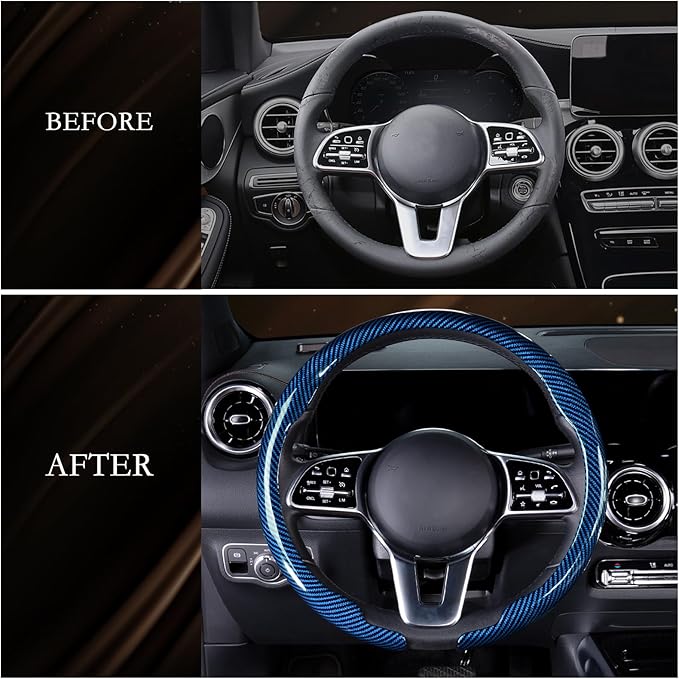 Aimato Car Steering Wheel Cover Carbon Fiber, Ultra-Thin Car Steering Wheel Cover,Comfortable & Breathable Microfiber,Universal Fit for Most Cars, Bright Blue
