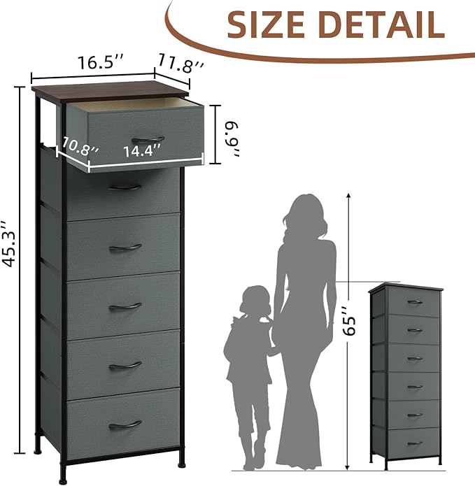 Somdot Tall Dresser for Bedroom with 6 Drawers, Storage Organizer Chest of Drawers with Removable Fabric Bins for Closet Beds