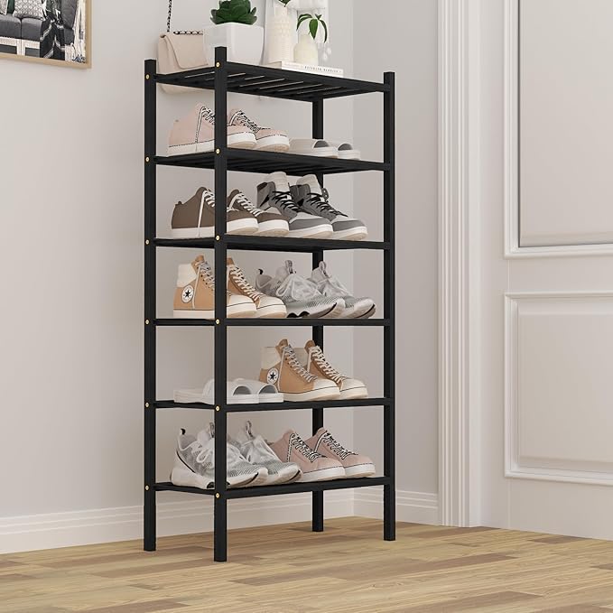 ROMGUAR CRAFT 6-Tier Bamboo Small Shoe Rack, Free Standing Wood Shoe Shelf Storage Organizer for Closet Entryway Stackable (B