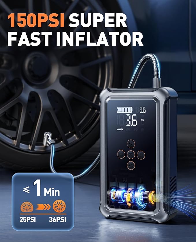 Jump Starter with Air Compressor, 5000A Portable Car Battery Jumper Starter(All Gas/10L Diesel) with 150PSI Auto-Shutoff