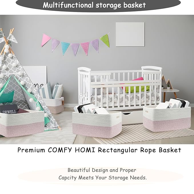 COMFY-HOMI Cotton Rope Woven Basket with Handles for Shelves,Toys,Book, Cloth Storage Baskets for Organizing-17" x 13" x 7.5"