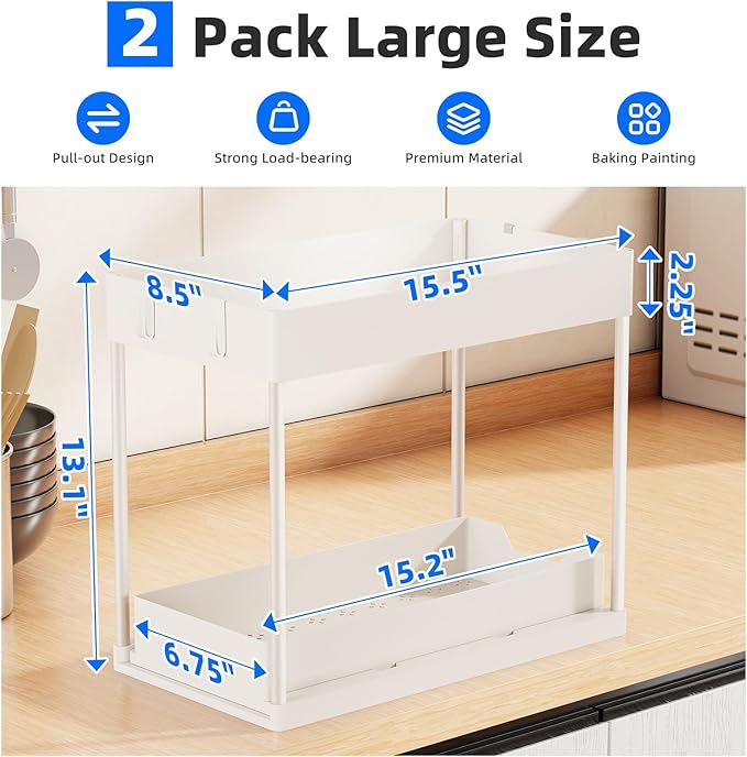 Simple Trending Under Sink Organizer 2 Pack, Sink Pull-Out Sliding Storage Cabinet, 2-Tier Under Shelf Organizer for Kitchen 