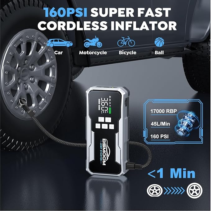 Jump Starter with Air Compressor 7000A 160PSI Portable Car Battery Jump Starter (All Gas/10L Diesel),12V Portable Booster