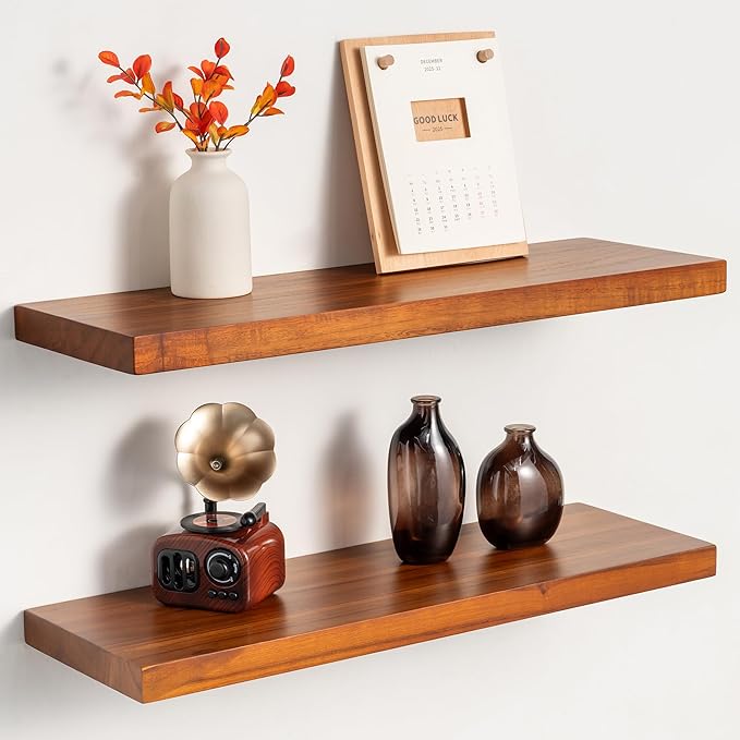 Teak Floating Shelves Set of 2-24 Inch Natural Waterproof Wood Wall Shelves with Invisible Brackets for Bathroom, Kitchen, Ba