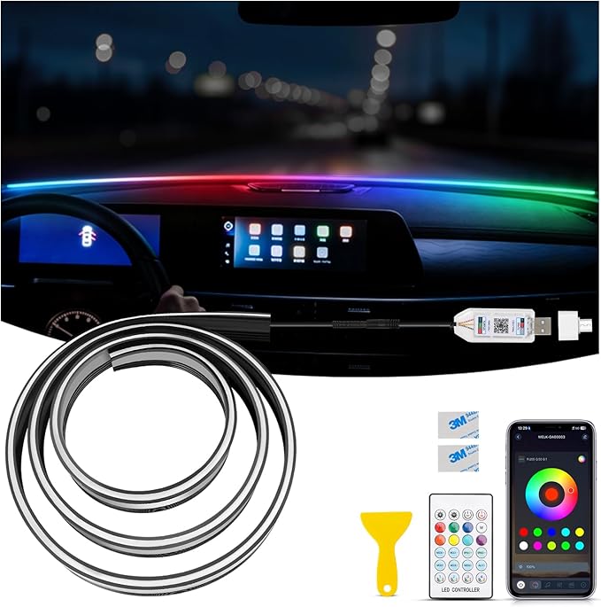 LED Strip Lights for Car Windshield 59in, RGB Ambient Lighting Car Interior with Noise Reduction, 16 Million Colors, Music Mode and Smart Control Car LED Lights Interior