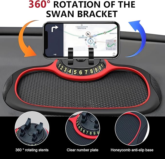 Multifunctional Car Anti-slip Mat, Car Dashboard Anti-slip Pad with Temporary License Plate, 360° Rotatable Dashboard Phone M
