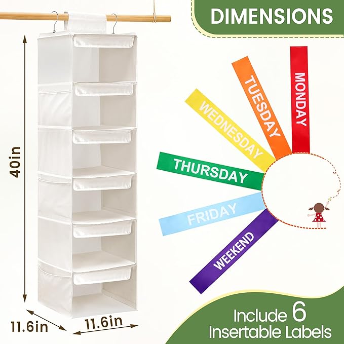 6-Shelf Weekly Clothes Organizer for Kids, Hanging Daily Closet Organization with 6 Side Pockets, Days of The Week Clothing D
