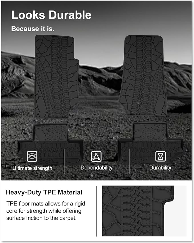 KIWI MASTER Floor Mats for 2007-2013 Jeep Wrangler JK 2-Door, Custom Fit All Weather Car Mats, Heavy Duty TPE Floor Liners, Front & Rear 2 Row, Black
