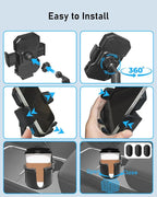 Belinous Car Cup Holder Expander with Phone Holder, 2 in 1 Car Phone Mount & Cup Holder Adapter with Adjustable 360° Rotation Gooseneck, U-shaped Handle Slot, Fits for iPhone, Samsung, Drinking Bottle