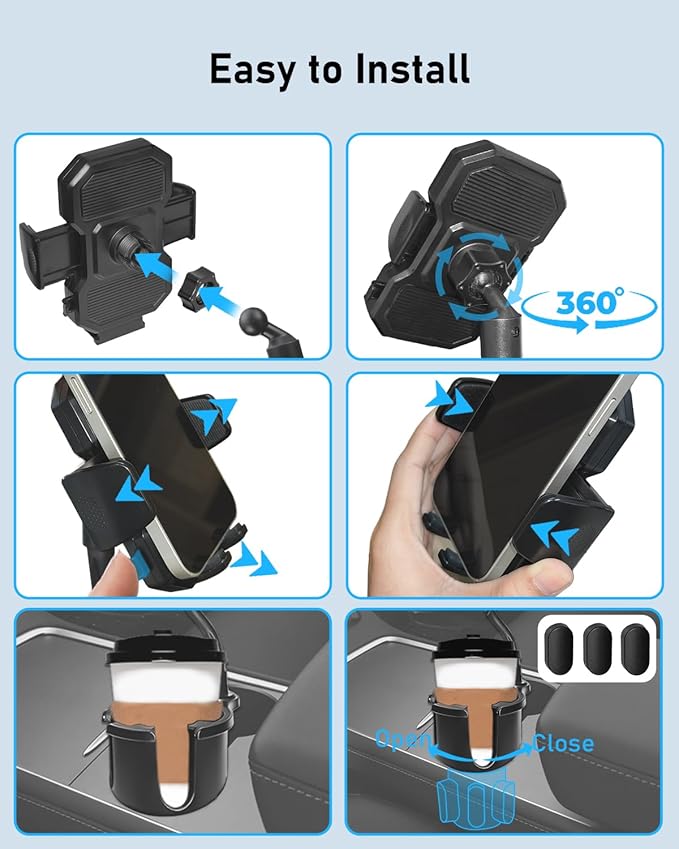 Belinous Car Cup Holder Expander with Phone Holder, 2 in 1 Car Phone Mount & Cup Holder Adapter with Adjustable 360° Rotation Gooseneck, U-shaped Handle Slot, Fits for iPhone, Samsung, Drinking Bottle