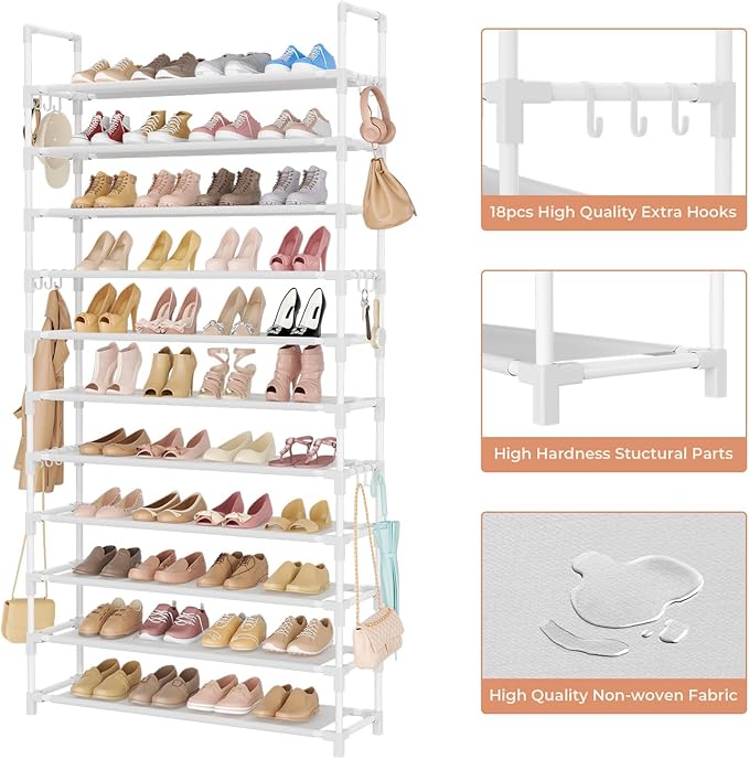LANTEFUL 11 Tiers Tall Shoe Rack Holds 55 Pairs of Shoes with 18pcs Hooks Sturdy Wide Shoe Organizer Storage Free Standing Me