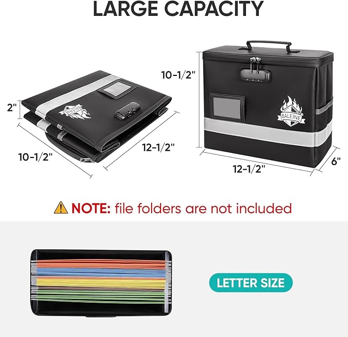 BALEINE Fireproof Document Box with Lock, Portable Fireproof Document Bag Waterproof Fire Proof File Boxes for Documents, Fil