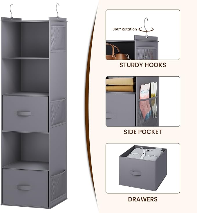 YOUDENOVA Hanging Closet Organizer, 5 Tier Hanging Closet Shelves with 6 Side Pockets and 2 Drawers, Grey