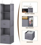 YOUDENOVA Hanging Closet Organizer, 5 Tier Hanging Closet Shelves with 6 Side Pockets and 2 Drawers, Grey