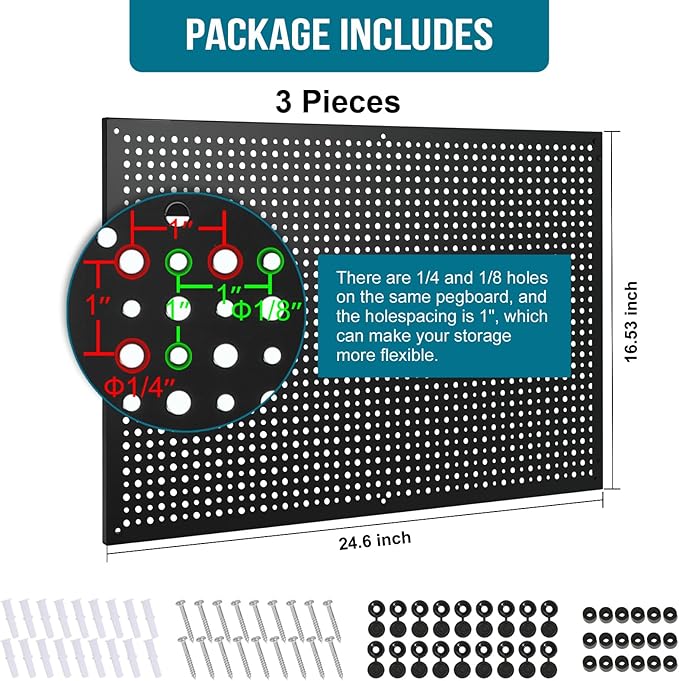 Peg Board,3 Pack 16-Inch X 24-Inch Heavy Duty Metal Peg Board Tool Organization Panels,Ideal for Storage Solutions in Garages