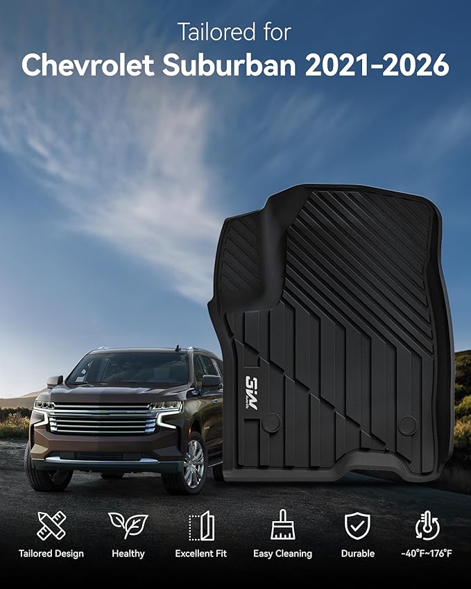 3W Floor Mats & Cargo Mat & Seat Back Mats for 2021-2026（Only 7 Seats） Chevy Suburban/GMC Yukon XL(Only Yukon XL, Not Fit Yukon)/Cadillac Escalade ESV(Not Escalade),All Weather Car Mats