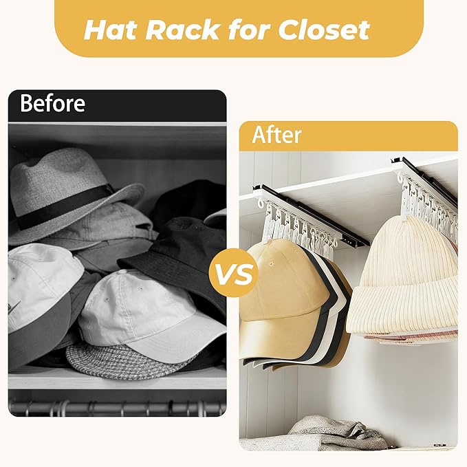 2 Pack No-Drill Wall-Mounted Baseball Hat Organizer, Hat Storage Rack Holds Up to 20 Caps, Hat Holder with 10 Damage-Free Cli