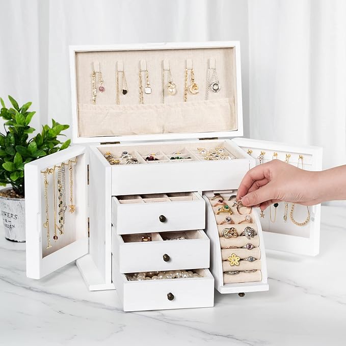 Poyilooo Jewelry Box Organizer, Solid Wood Jewelry Boxes for Women for Storage & Display Necklace Ring Earring Bracelet, Rust