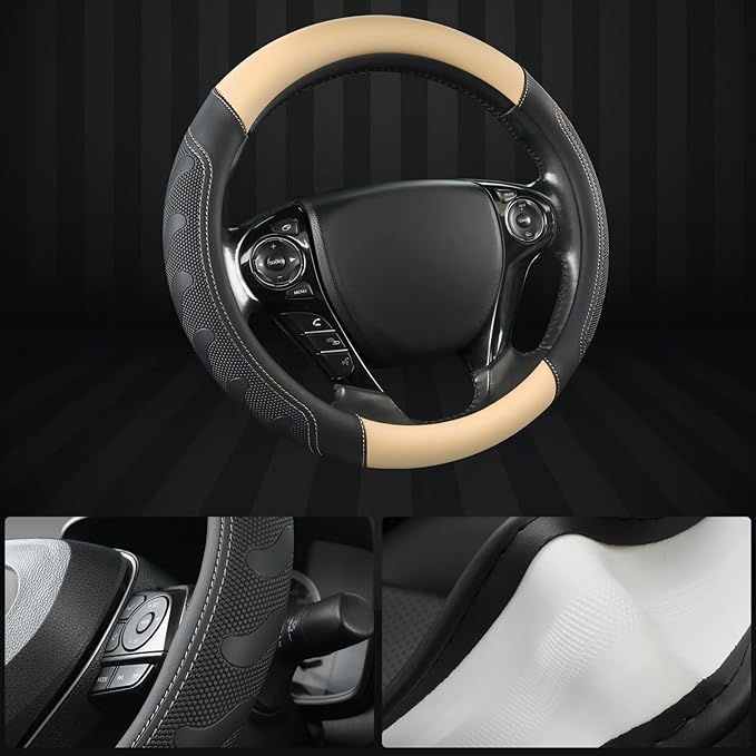 GIANT PANDA Microfiber Leather Steering Wheel Cover for Honda Accord,Civic,CR-V,HR-V,Pilot(Black+Beige-Standard Size)