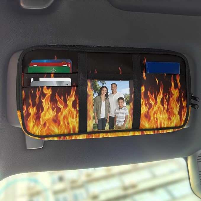 Flames Print Sun Visor Storage Bag Multi-Pocket Auto Visor Storage Bag with Zipper Pockets,Adjustable Straps Auto Interior Accessories Pocket Organizer