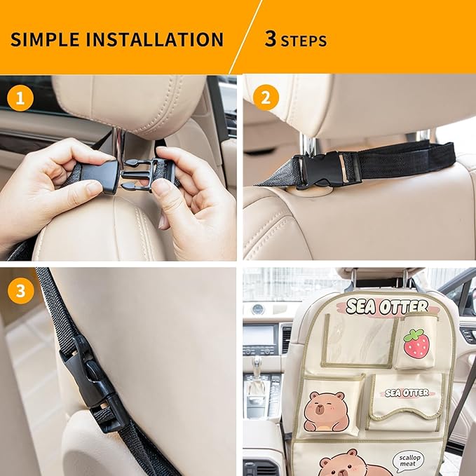 kids Leather Car Backseat Organizer with Foldable Table Tray, Car Storage Organizer with Tablet Holder, Car Seat Back Protectors Kick Mats, Travel Accessories (SEA OTTER2)