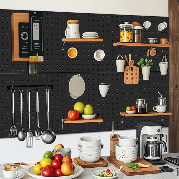 Peg Board,Steel Organization Panels, Ideal for Garage Tool Storage, Office Organization, Craft Room, Kitchen,Pack of 6(Black,