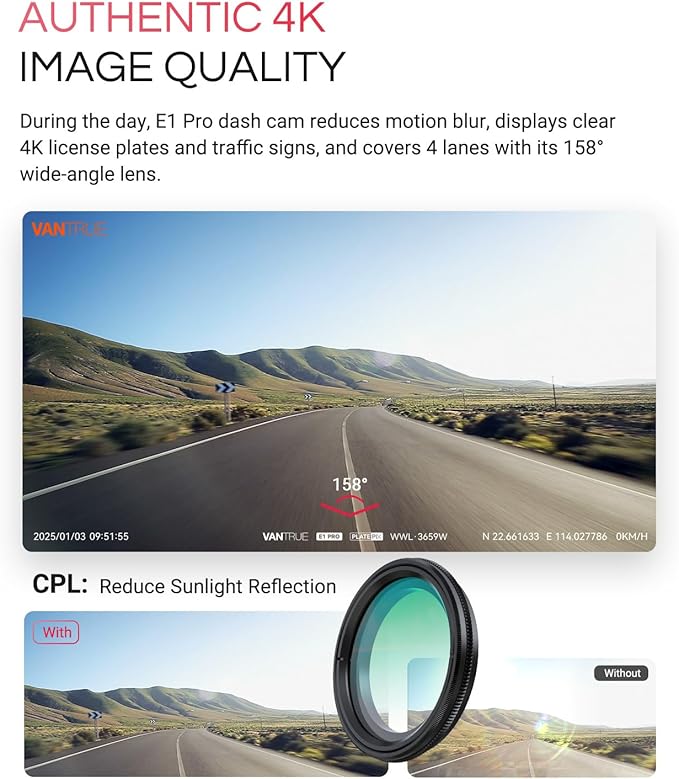Vantrue E1 Pro 4K Mini Dash Cam Front, STARVIS 2 PlatePix HDR Night Vision Car Camera, Built-in 5G WiFi GPS, 1.54'' IPS Scree