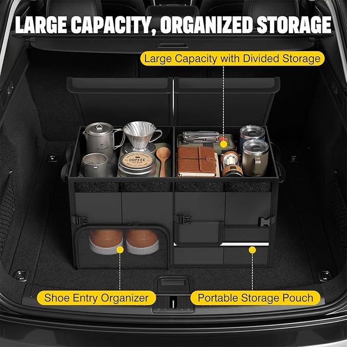 Foldable Car Trunk Organizer with Multi-Compartment - Expandable 30-60L Storage Bin, Side Mesh Pockets, Waterproof 600D Oxford