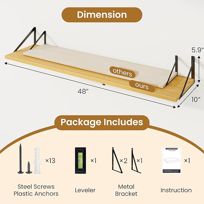 48inch Floating Shelves for Wall,10" Deep Floating Shelves with Metal Brackets,Wall Mounted Hanging Floating Shelf,Wide Displ