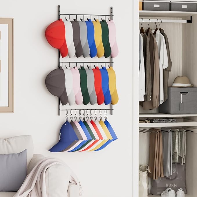 Consumest Over Door Hat Organizer - 3 Tier Wall Mounted Hat Rack with 16 Hooks and 10 Movable Clips, Hanging Baseball Cap Sto