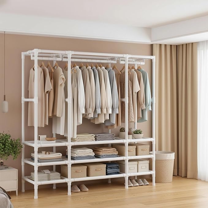 Portable Closet,Garment Rack,Heavy Duty Clothes Rack with Cover,Wardrobe Closet with 1 Hanging Rods, 2 Storage Shelves and 3 