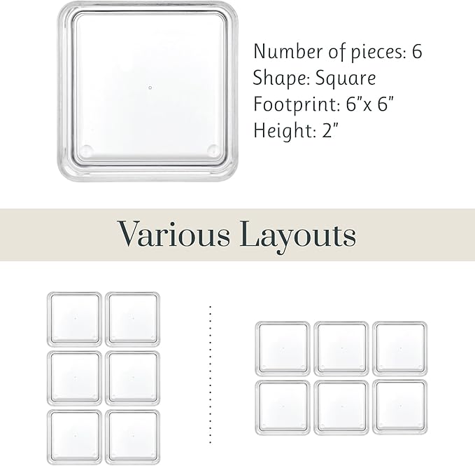 STORi SimpleSort 6-Piece Stackable Clear Drawer Organizer Set | 6" x 6" x 2" Square Trays | Small Makeup Vanity Storage Bins 