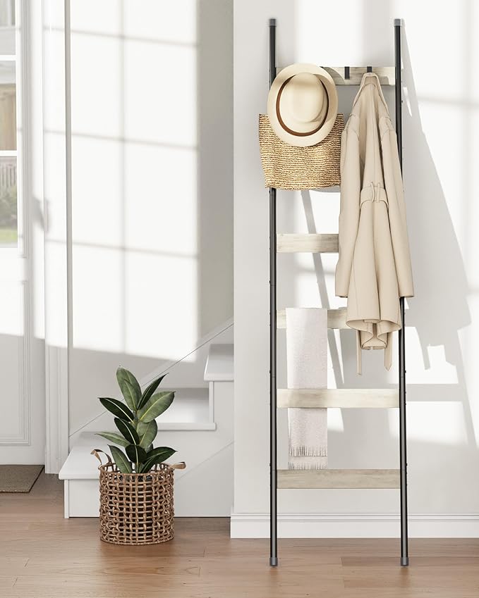 Blanket Ladder, 6-Tier Towel Holder with 4 Removable Hooks, Farmhouse Wall Leaning Decorative Rack Shelf, Wooden Towel Displa