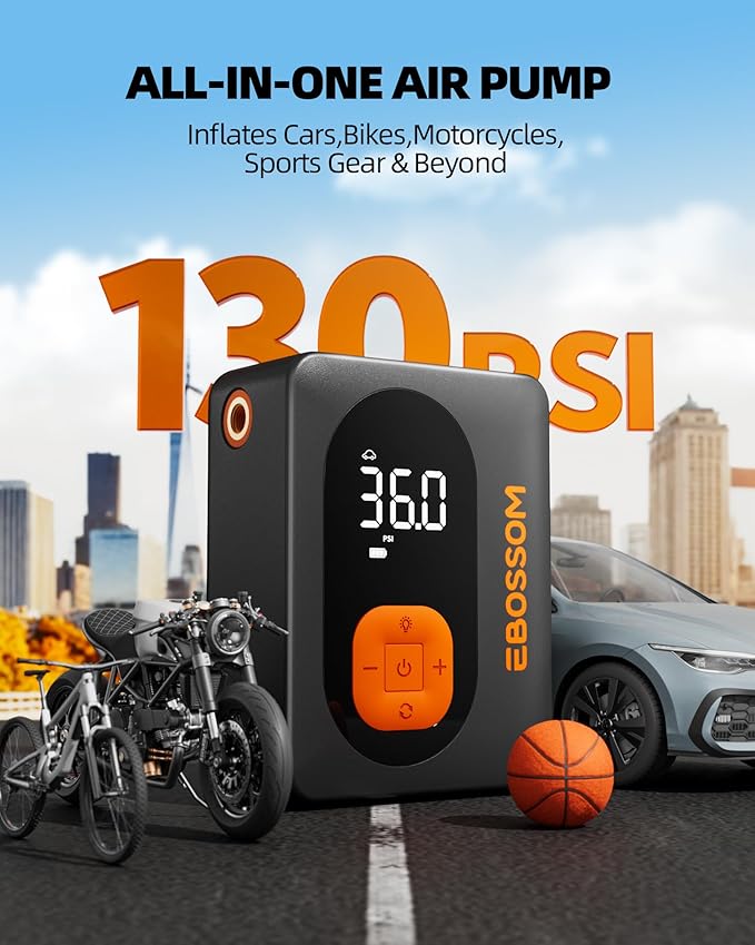Tire Inflator Portable Air Compressor Cordless Bike Pump with Digital Dual Values Display, 130 PSI Car Tires Pump with LED Lights Air Pump for Bikes, Motorcycles, Balls（15cm Car Air Hose）