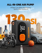 Tire Inflator Portable Air Compressor Cordless Bike Pump with Digital Dual Values Display, 130 PSI Car Tires Pump with LED Lights Air Pump for Bikes, Motorcycles, Balls（15cm Car Air Hose）