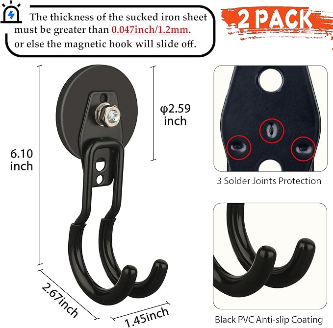 ULIBERMAGNET New Upgraded Garage Magnetic Hooks, 2 Pack Black Heavy Duty Large J Hooks with Magnet, Black Strong Anti-Slip Co