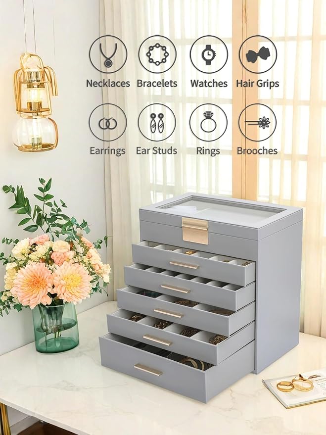 BOOVO Jewelry Boxes for Women, White and Black 6 Layer Large Jewelry Box for Necklace, Bracelet, Earrings, Rings Storage, Jew