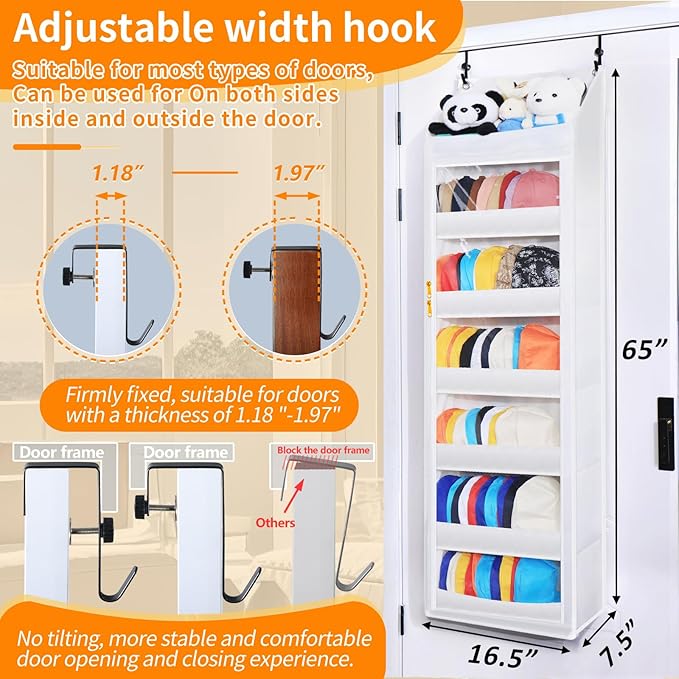 Toread 7-Layer Door-Mounted Baseball Cap Organizer, Dust-Proof Hat Rack Holds 90 Hats, Adjustable Non-Slip Hooks, Multi-Purpo
